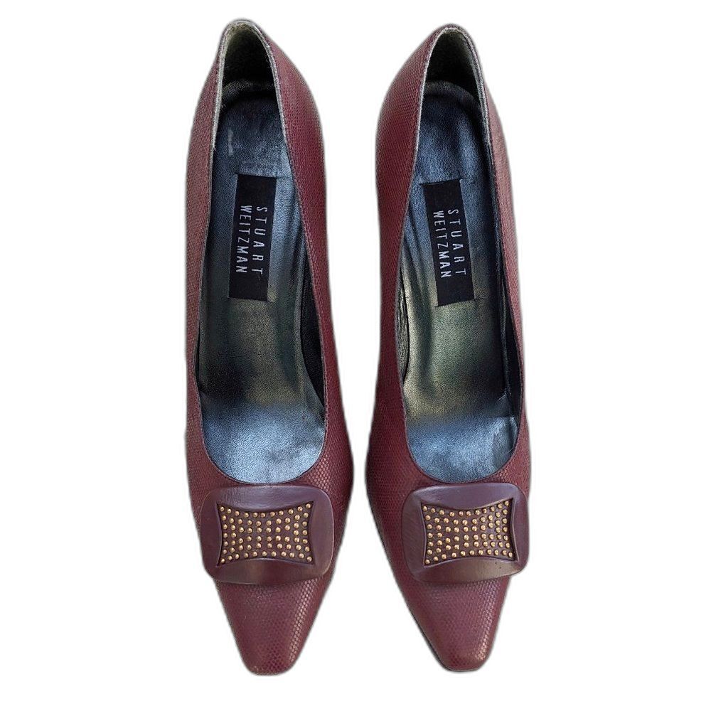 VINTAGE 90s STUART WEITZMAN Burgundy Pumps / Heels w/Gold Studs & Buckle…